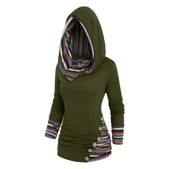 Women'S Fashion Hooded Sweatshirt, Long Sleeve Striped Patchwork Knit with Faux - Picture 1 of 5